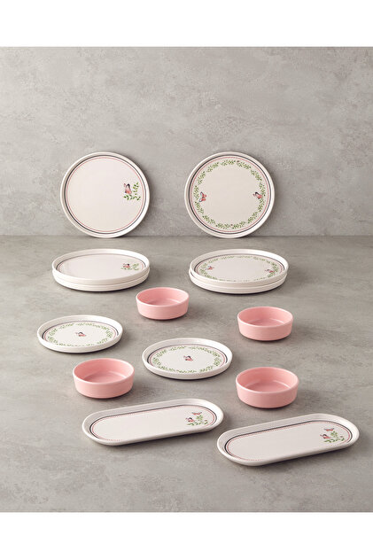 Somnia Ceramic Breakfast Set 14 Pieces for 6 People Green-Pink