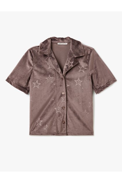 Shirt Collar Star Print Short Sleeve Velvet Sleepwear Top