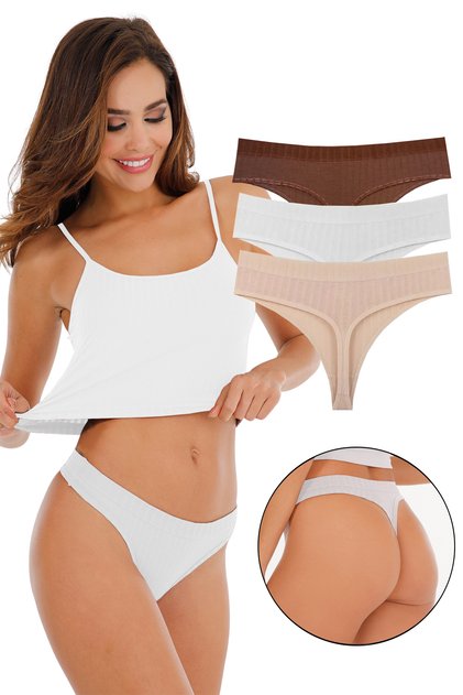 Set de chiloți tanga din material reiat piese în culori moi pentru femei - KTS4052 MARO