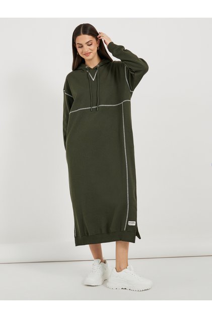 Contrast Overlock Stich Hooded Sweatshirt Midi Dress
