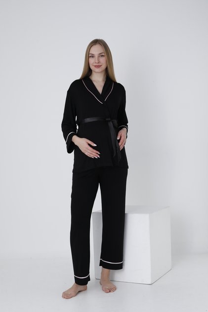 Front Tie-Detail Wide Collar Maternity and Postpartum Pajama Set