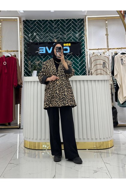 Kadın oversize leopar desenli ceket -scuba kumaş astarlı şık kombin uyumlu