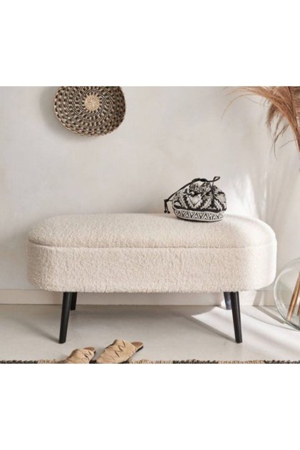 OSLO Wellsoft Kırık Beyaz Siyah Ahşap Ayaklı Sandıklı Bench Puf