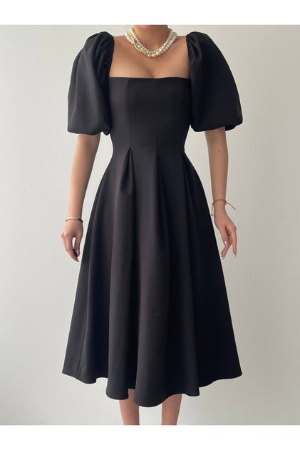 Square Neck Pleated Flared Cutout Midi Length Balloon Sleeve Long Dress