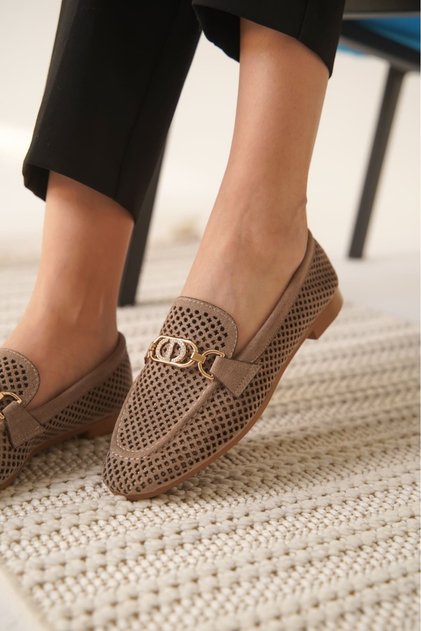 Women's Mink Perforated Daily Comfortable Stylish Detailed Oxford Masculine Soft Leather Loafer Ballet Shoes