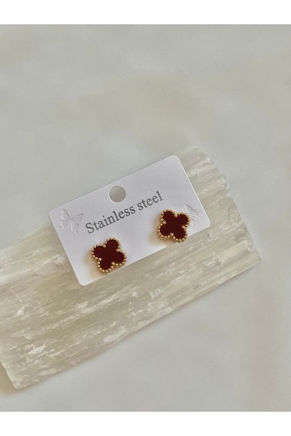 Burgundy Clover Steel Earrings