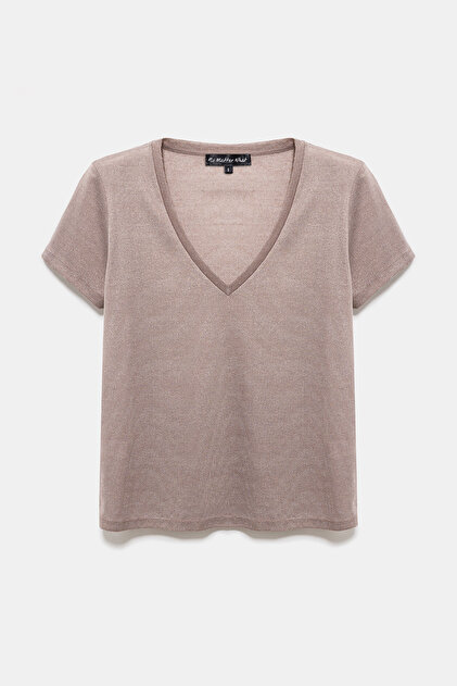 Kadın Parlak Basic T-Shirt V Yaka Kısa Kollu