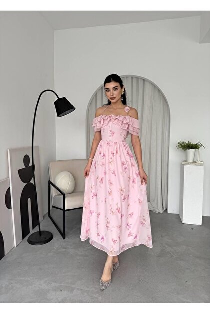 sachin and babi light blue dress DOLCE E GABBANA Long Roselline silk chiffon dress with rose print, pink main image 0