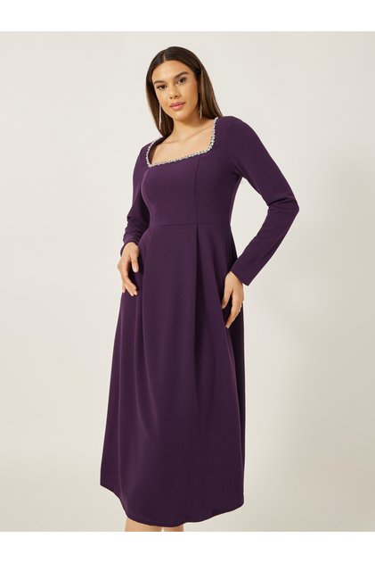 Embellished Square Neck A-Line Midi Dress