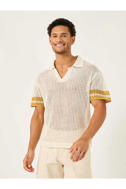 Contrast Sleeve Stripes Crochet Knit Relaxed Polo