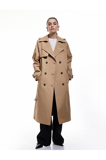 Cotton Long Sleeve Belted Double Breasted Gabardine Trench Coat