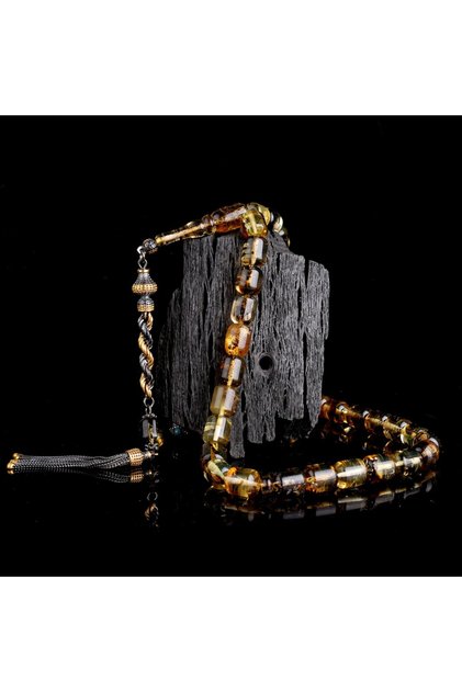 Double Color Silver Tassel Capsule Cut Fossil Drop Amber Rosary