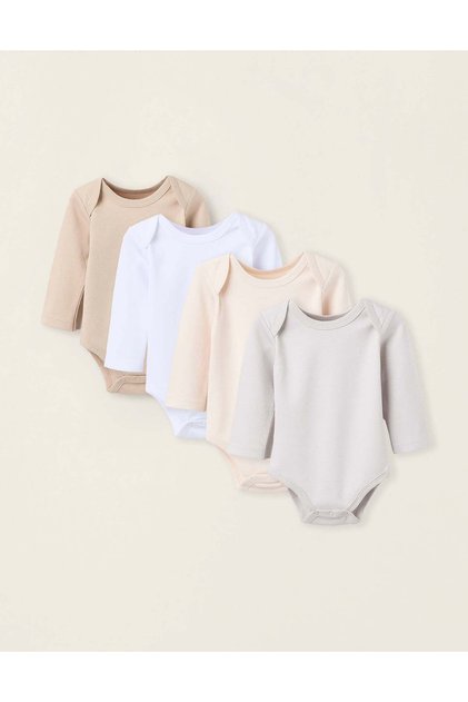 Pack of 4 Cotton Bodysuits for Newborns and Babies 'Pastel', White/Beige