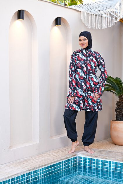 Quick-Drying Parachute Fabric Full Zipper Covered Plus Size Hijab Swimsuit 3814
