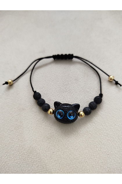 Kedi Charm Figürlü Doğal Lav Taşlı Asansörlü Bileklik
