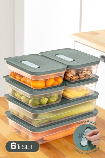 Adjustable Vegetable and Fruit Storage Container with 6 Air Ducts 4X(1.15 Lt) 2X(2.5 Lt) Green