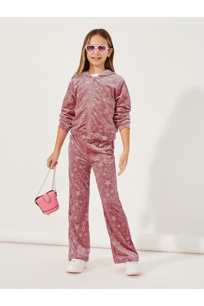 Star Pattern Zipper Front Velvet Hoodie & Flare Hem Pant Set