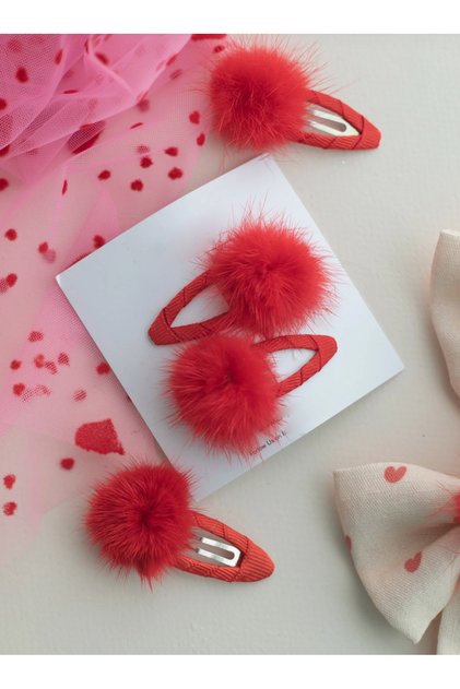 2-Piece Red Pompom Snap Buckle
