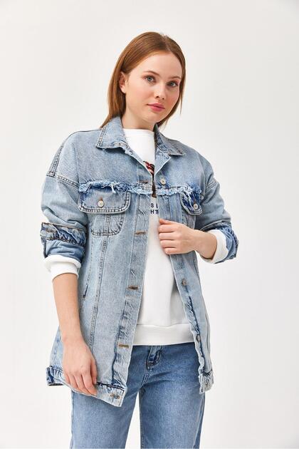Denim Jacket with Pocket Tassel Detail Blue
