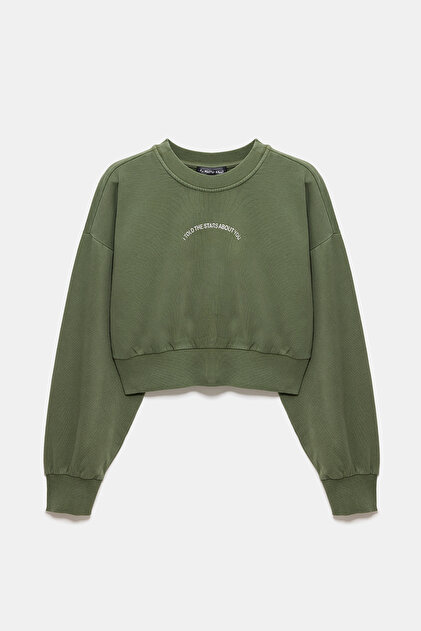 Kadın Crop Sweatshirt Taş İşlemeli Baskılı Bisiklet Yaka Uzun Kollu