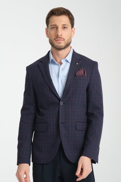 Diegos Men's Navy Blue Plaid Slim Fit Mono Collar Sports Blazer