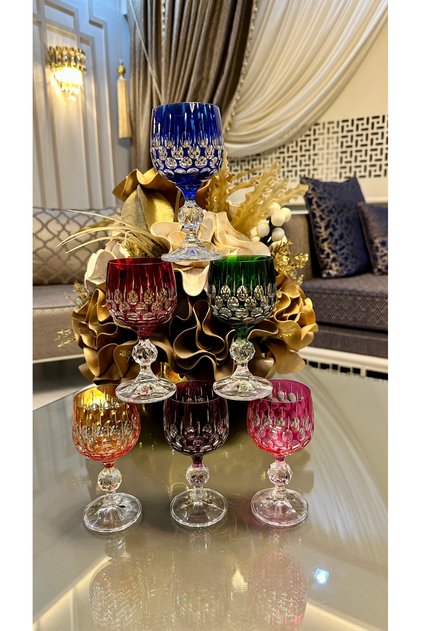 Bohemia Kristal Kesme El İşi Renkli Ayaklı Kahve Yanı Su Bardağı