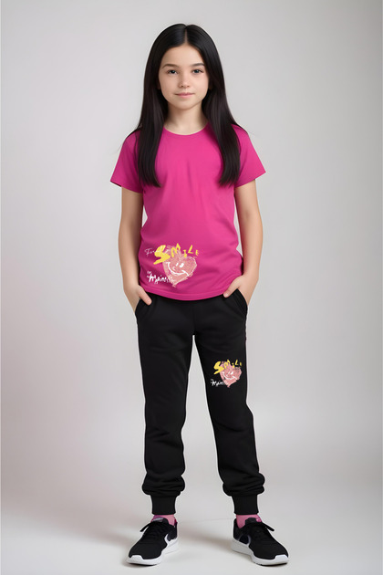 Smile Printed Girl's Short Sleeve T-Shirt and Sweatpants Set
