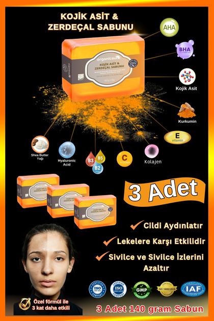 Kojic Acid & Turmeric Soap 3 Pieces X 140 Gr Anti-Blemish Kojic Acid - Collagen - Aha Bha