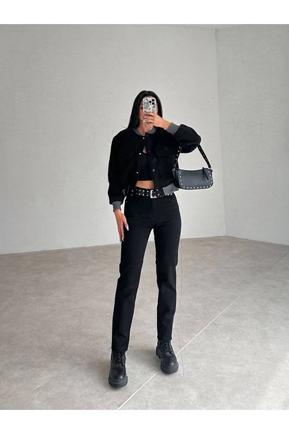 High Waist Women's Jeans - Black Move Mom Boyfriend Pants (Full Fit)