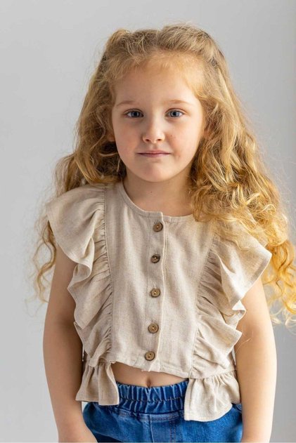 Beige Natural Linen Front Buttoned Blouse with Ruffled Sleeves and Waist for Girls Beige