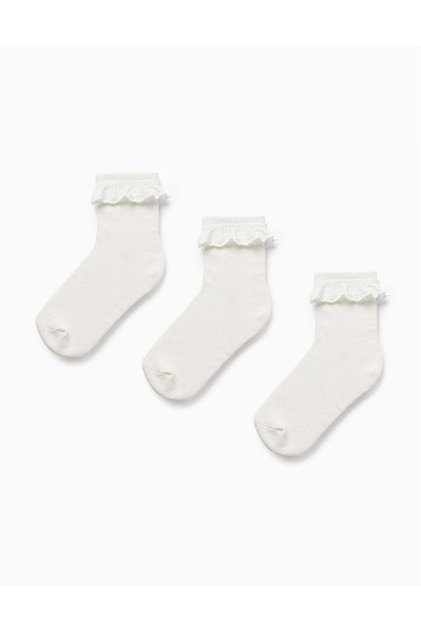 Pack of 3 Pairs of Socks with Broderie Anglaise for Girls, White