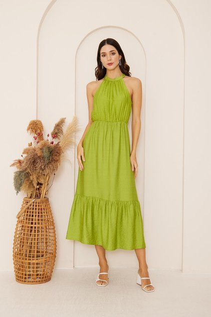 Women's Green Halter Neck Sleeveless Dress Dm1035