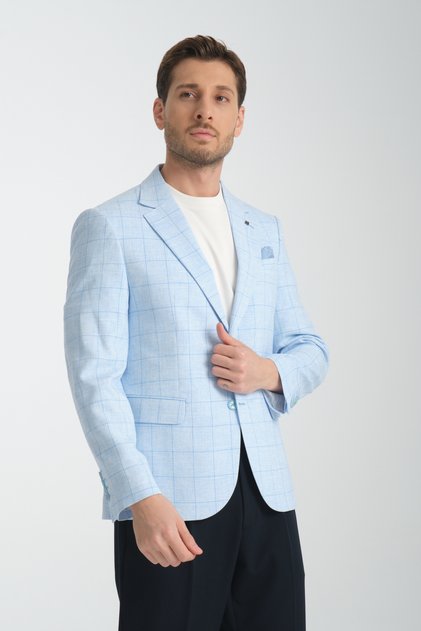 Palmer Men's Blue Plaid Patterned Linen Blended Slim Fit Mono Collar Sports Blazer Jacket