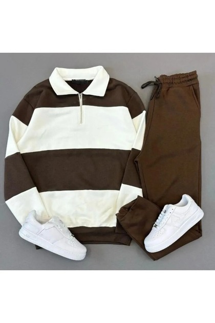 Unisex Brown Patternless Five Piece Stand Collar Sweat Brown Sweatpants Set