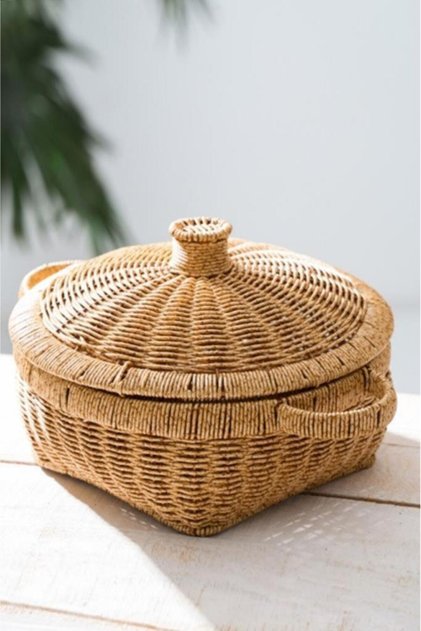 Rattan Wicker Lid Multi-Purpose Storage Kitchen Bathroom Basket 23 cm Brown