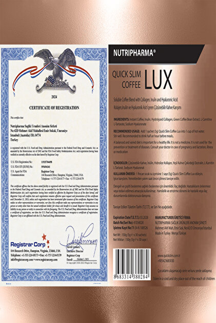NUTRIPHARMA QUICK SLIM Slim Lux Coffee 60 Saşe - Karnitin, Inülin