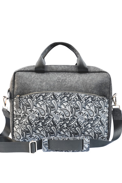 15.6 Inch Gray Laptop Bag with Shoulder Strap - Zipper Detail, Shawl Pattern, Vegan Leather