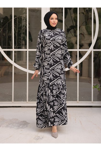 فستان بحاشية - أسود - SAHRA BUTIK