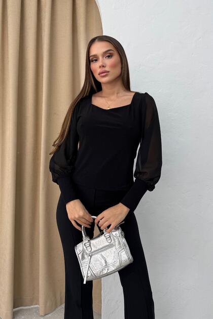 Women's Square Neck Sleeves Chiffon Blouse