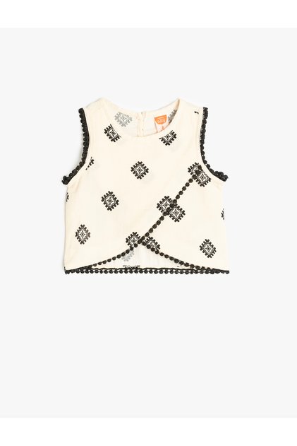 Cotton Embroidery Detailed Sleeveless Asymmetric Crop Blouse