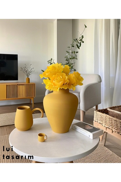 Seramik Vazo Koyu Sarı 27 CM Modern Trend Ahşap Dekorasyon