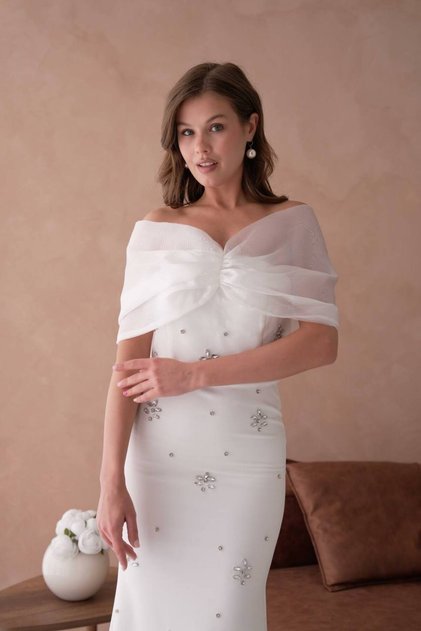 Women's Fish Model Stone and Organza Tulle Detailed Promise Dress Evening Dress