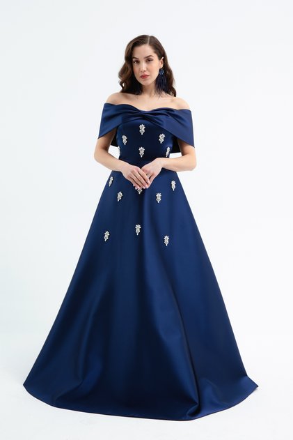 Women's Navy Blue Slim Fit Strapless Stone Long Satin Evening Dress