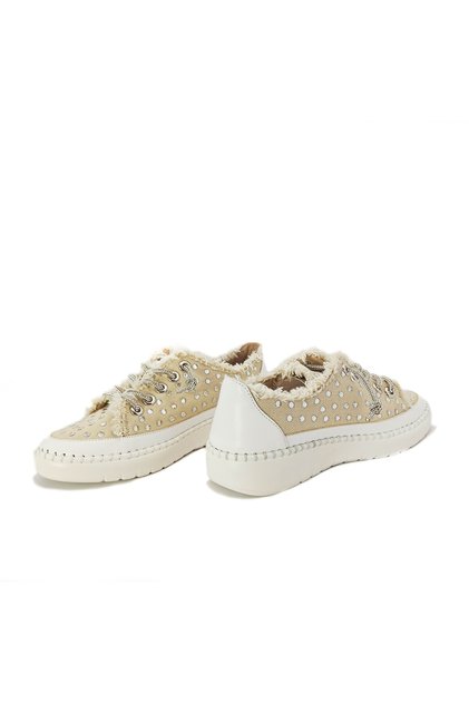 Cream Color Stone Flat Sole Women's Denim Sneakers