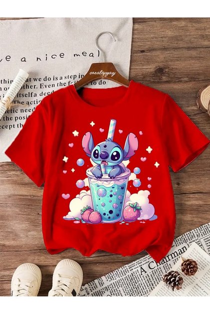 Stitch Strawberry Printed Children's Oversize T-Shirt