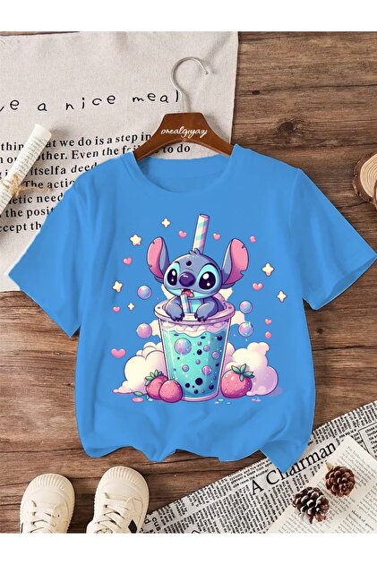 oneagılyazı Stitch Çilekli Baskılı Çocuk Oversize T-Shirt - Fiyatı