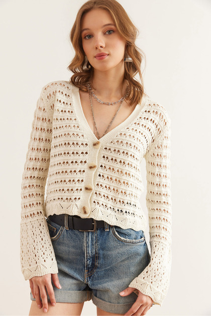 Women's Ecru Perforated 4 Button Cotton Content Seasonal Cardigan Hrk- 19000344