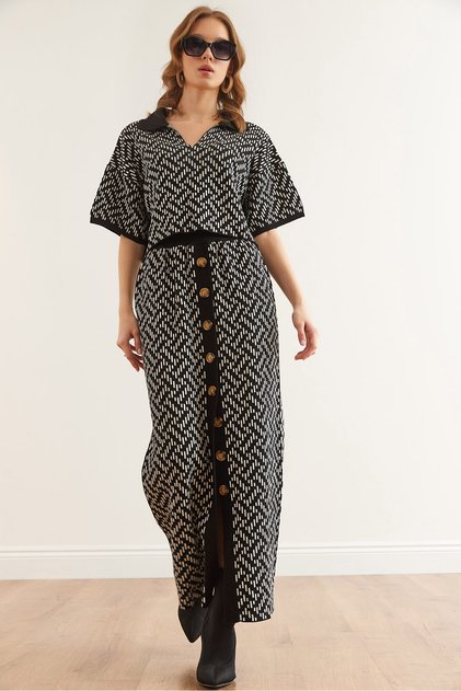 Women's Black Zigzag Patterned Skirted Bottom Top Knitwear Set Tkm- 19000358