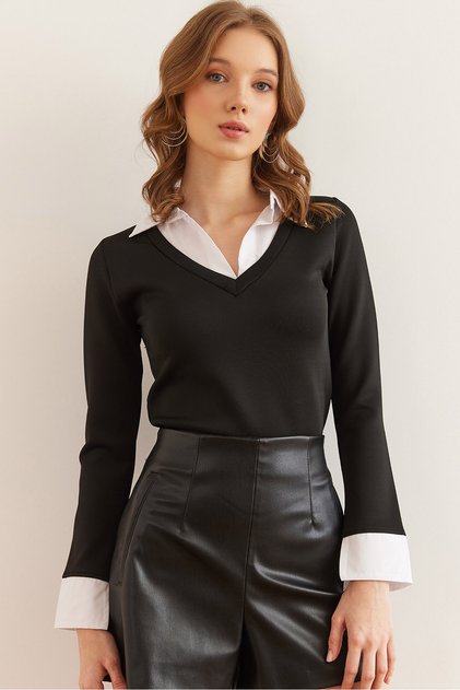 Women's Black Shirt Cuff Detailed Crop Diver Blouse Blz- 19002841