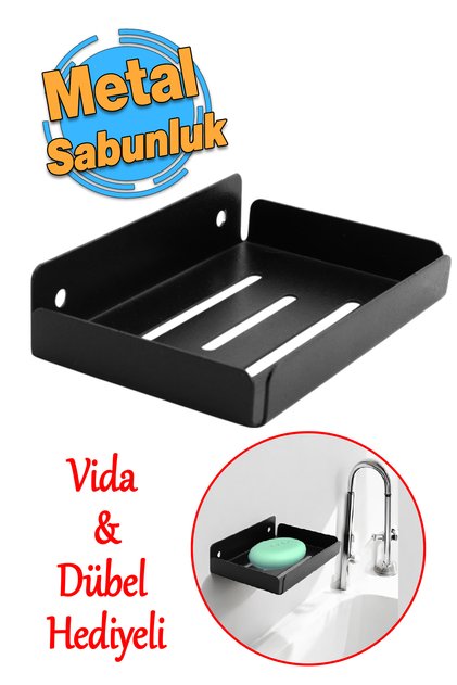 Metal Katı Sabunluk Kalıp Sabun Koyma Aparatı Vidalı El Sabunluğu Duvara Monteli Siyah Renk 1 Adet
